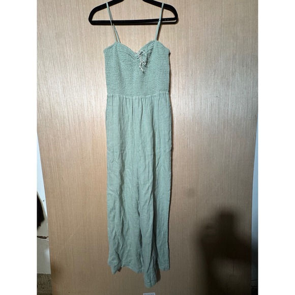 Faherty Pants - Faherty Womens Sage Green 100% Linen Smocked Wide Leg Jumpsuit Size S